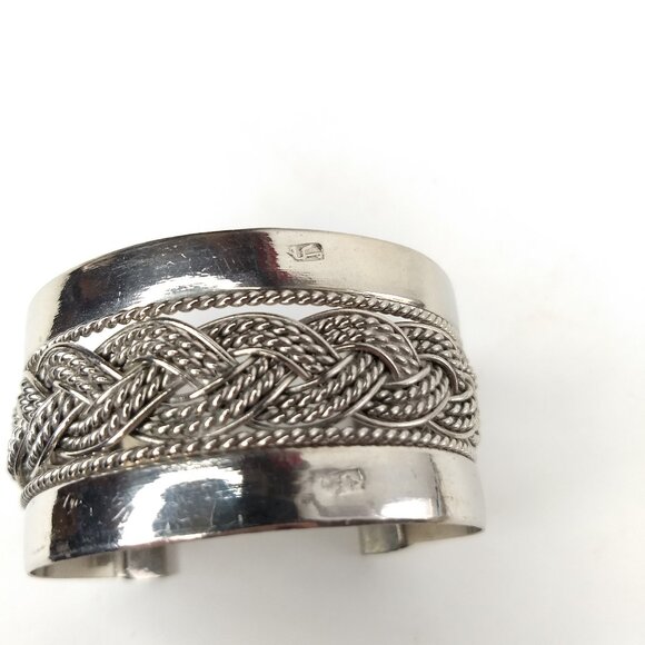 Silver Tone Braided Cuff Bracelet  Preppy Modern Western Stamped Mark Front - Picture 5 of 9